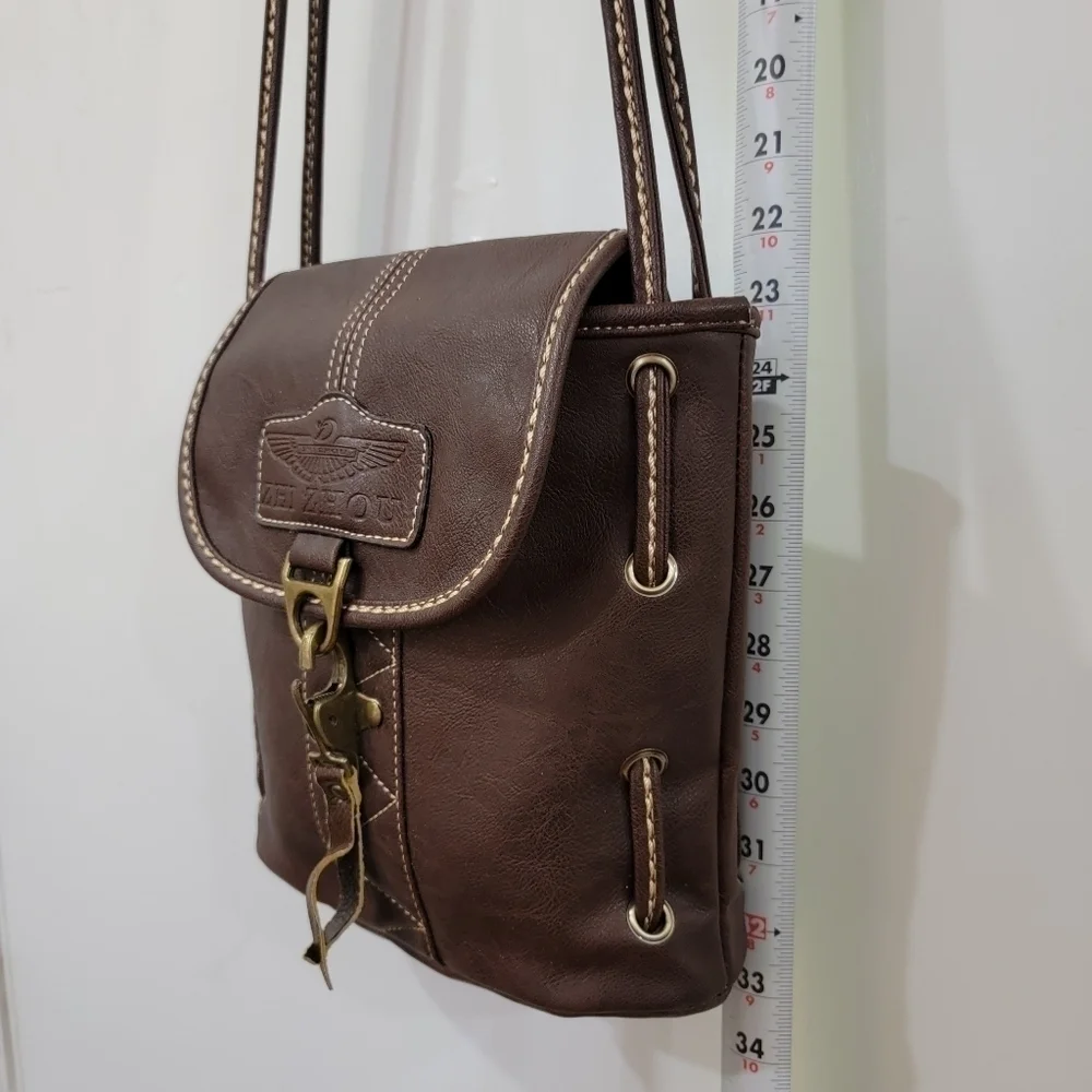 Zhi Zhou Crossbody Bag Flap Top Brown with Contrast Stitching